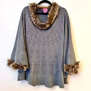 Beautifully Faux Fur Trim Patterned Poncho Sweater Brown Mauve Garnet One Size f
